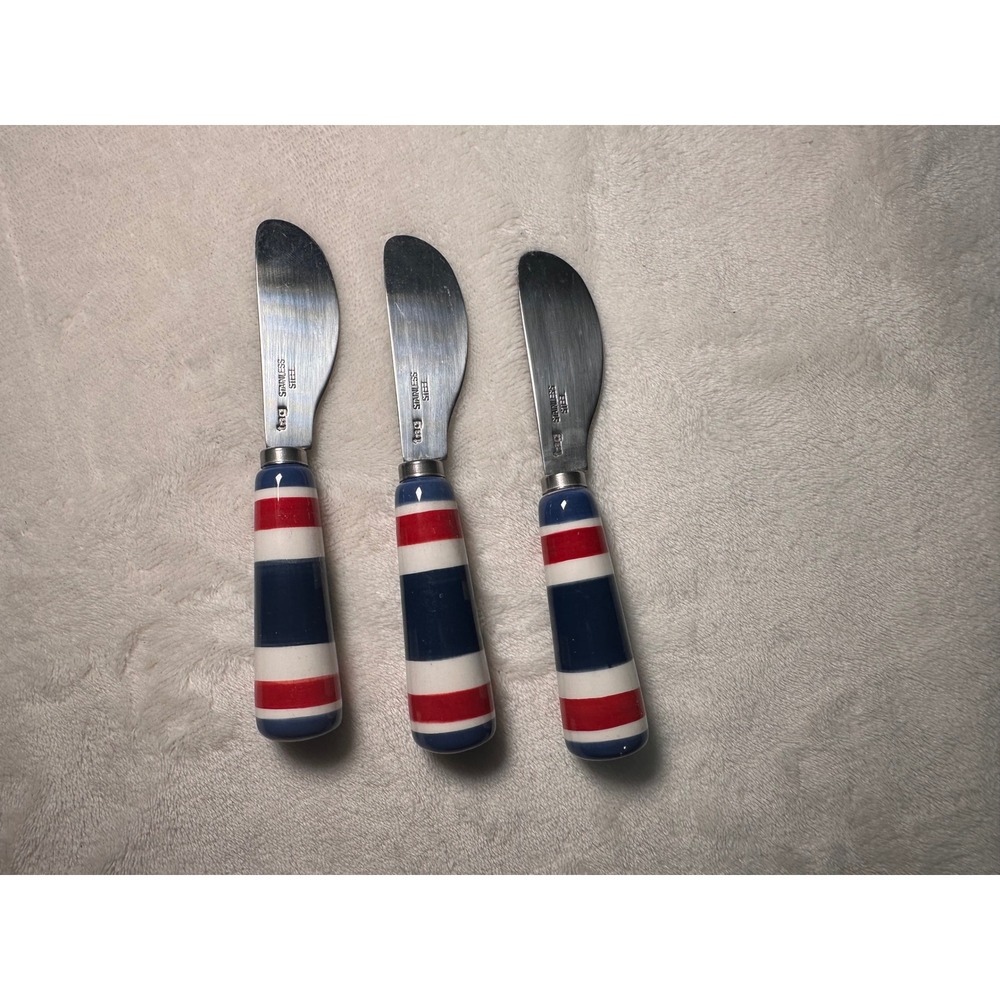 Tag Stainless Steel Cheese / butter Spreader Set 3 Red White Blue Striped